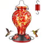 Hand Blown Glass Hummingbird Feeder (24oz) – Outdoor Hanging Wild Bird Nectar Feeder with Ant Moat, Perch & Bee-Resistant Ports | Garden Decor Gift for Women & Mom (Red Polka Dots)